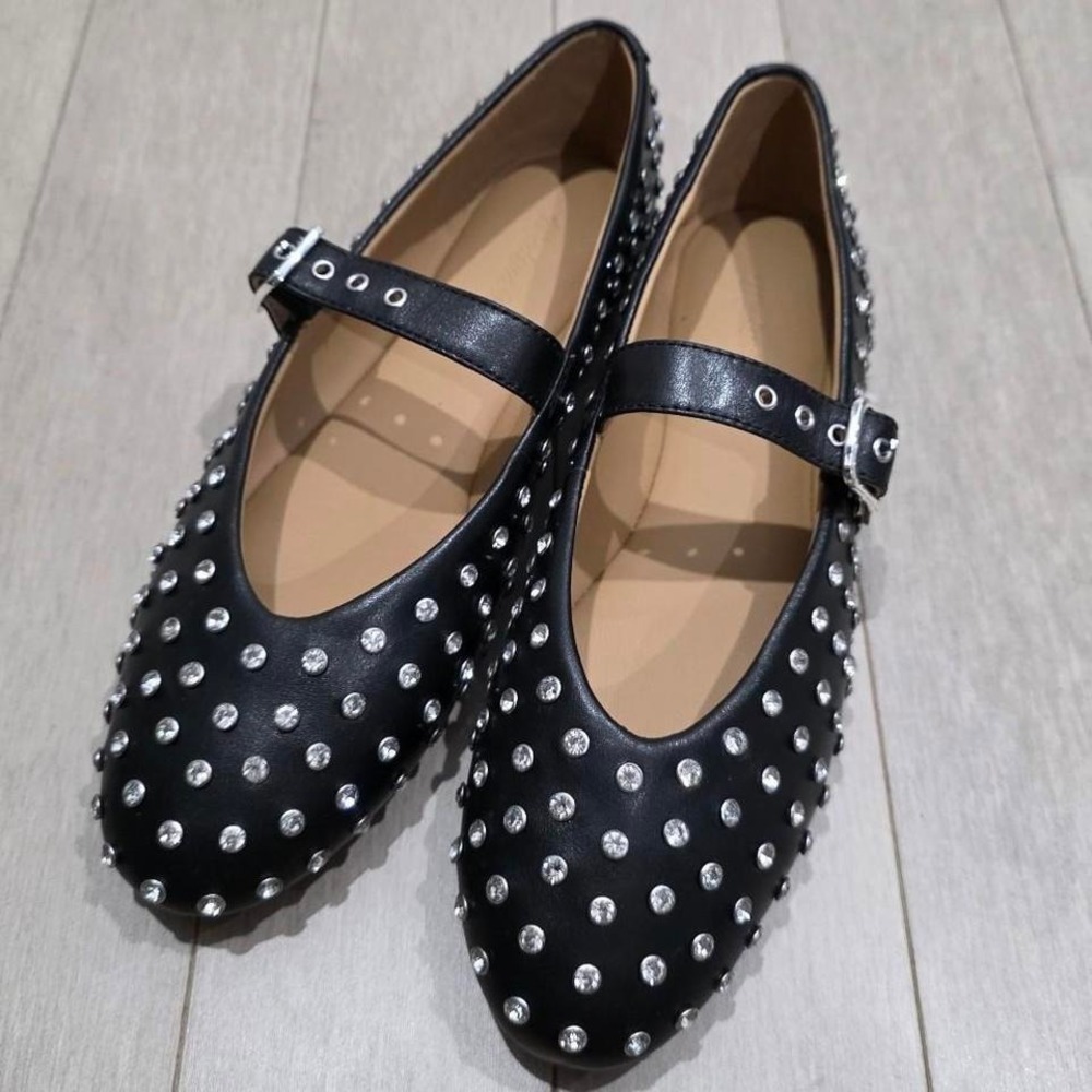 Madewell Black Leather Crystal Embellished Mary Jane Ballet Flats 7.5